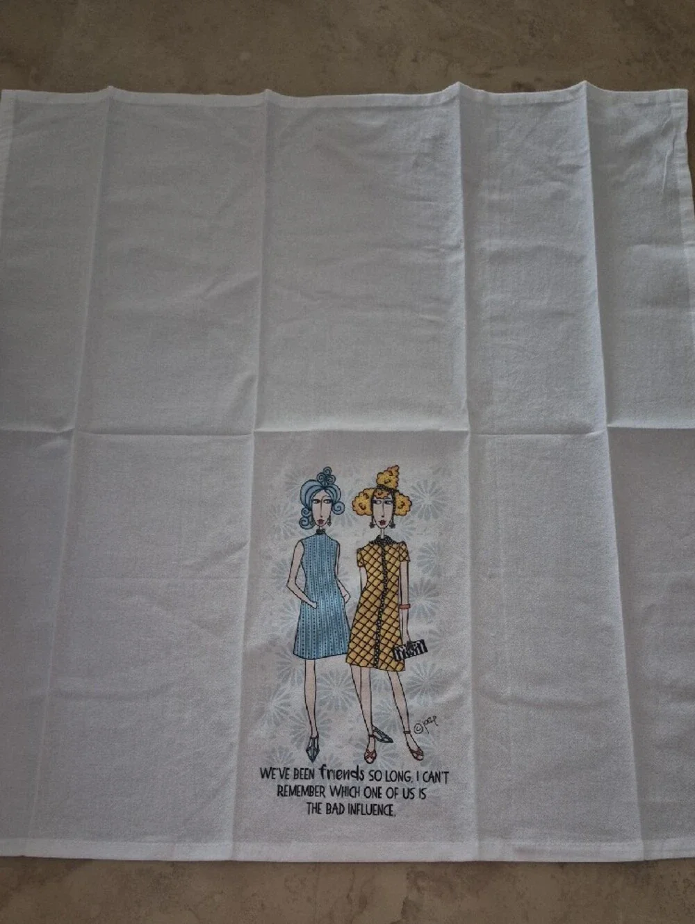 Humorous Friends Tea Towel with Blue and Yellow Illustration